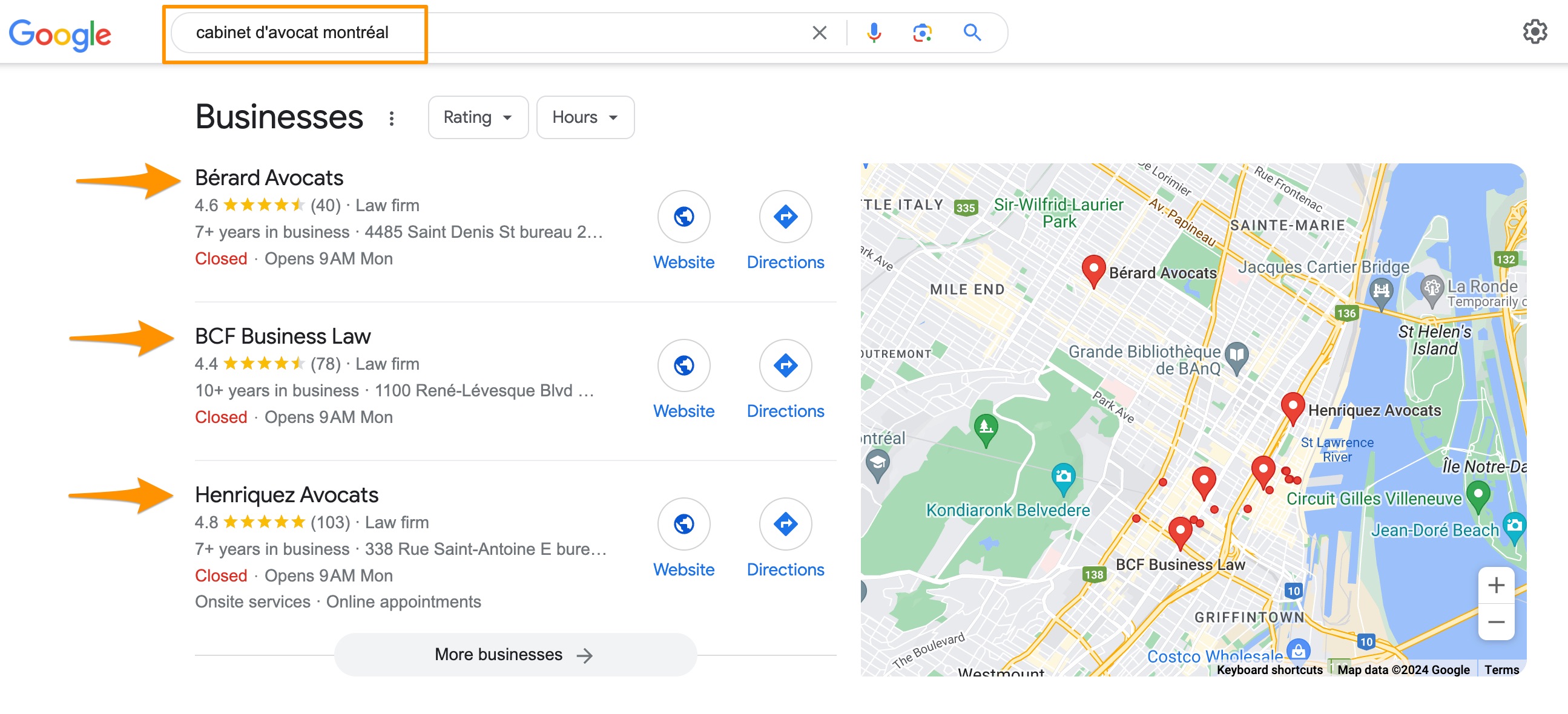 Capture d'écran de résultats Google My Business pour une recherche de cabinet d'avocat à Montréal