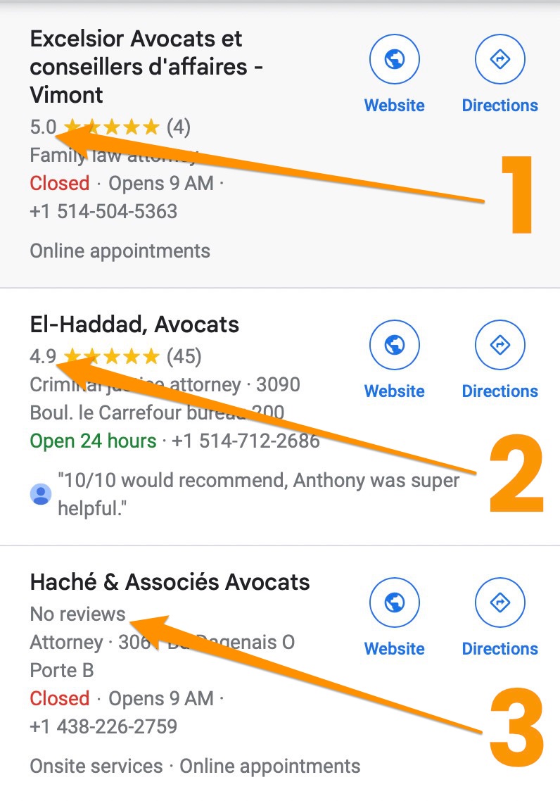 Google Map reviews de cabinet d'avocats