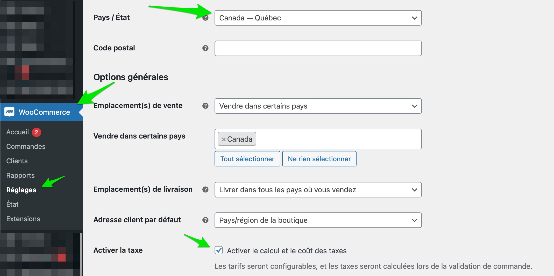 Étape 1 pour la configuration des taxes sur Woocommerce