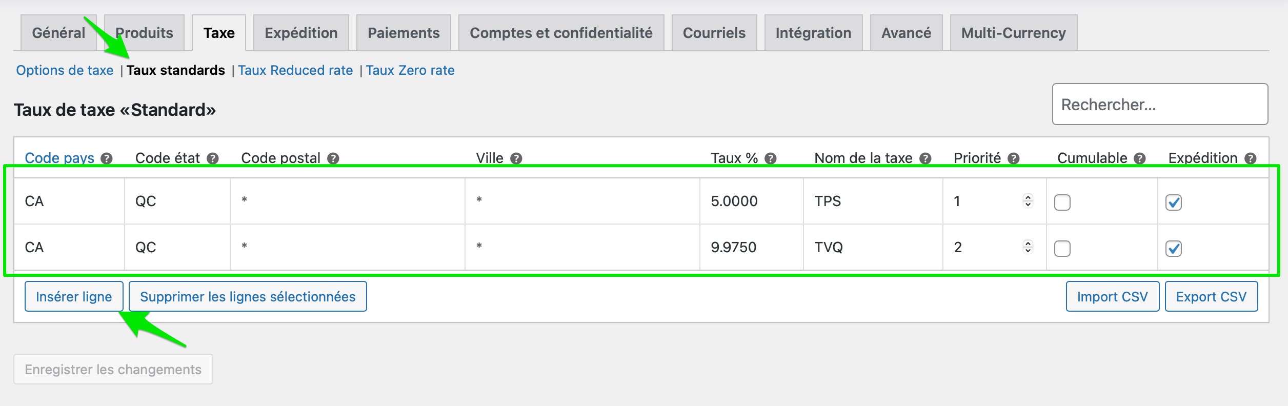 Étape 2 pour la configuration des taxes sur Woocommerce