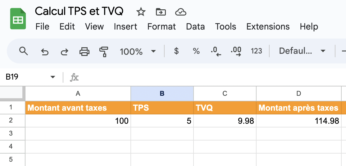 Google Sheet calcul TPS TVQ